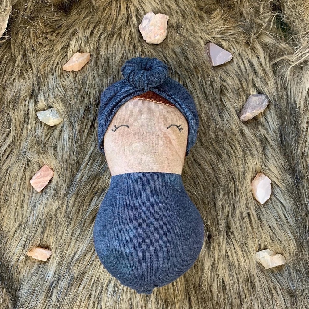 Crystal baby doll made out of organic sinew moon scraps hemp bamboo
